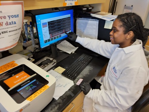 Scientist looking at fluorescent slides